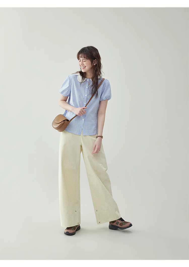 甜美藍格帶扣娃娃領純棉襯衫女夏季泡泡短袖上衣