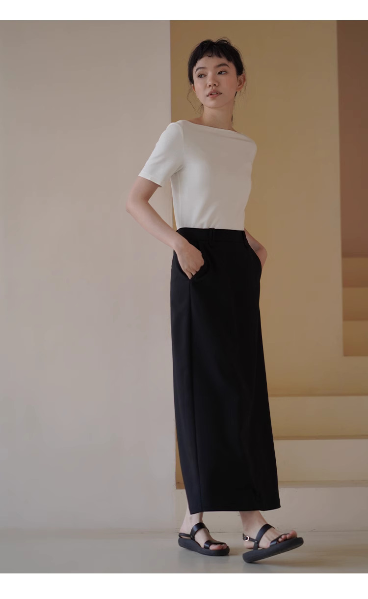 平衡通勤感舒適長期主義高智基礎款一字領T卹顯瘦上衣女