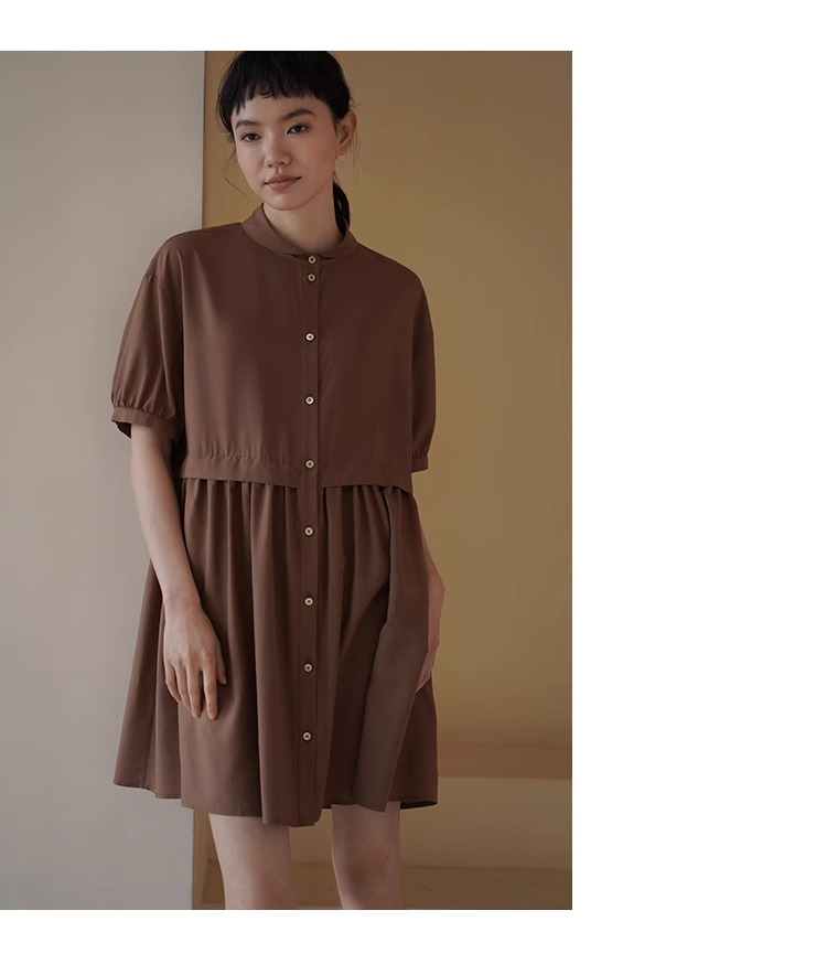 復古烤肉桂洋裝精緻小翻領寬鬆垂順顯瘦A字短裙女