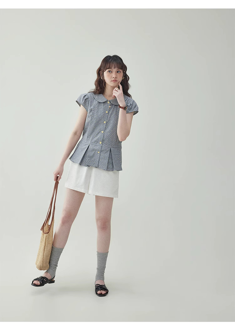 拼色格紋娃娃領波點襯衫女夏季新款減齡百褶上衣
