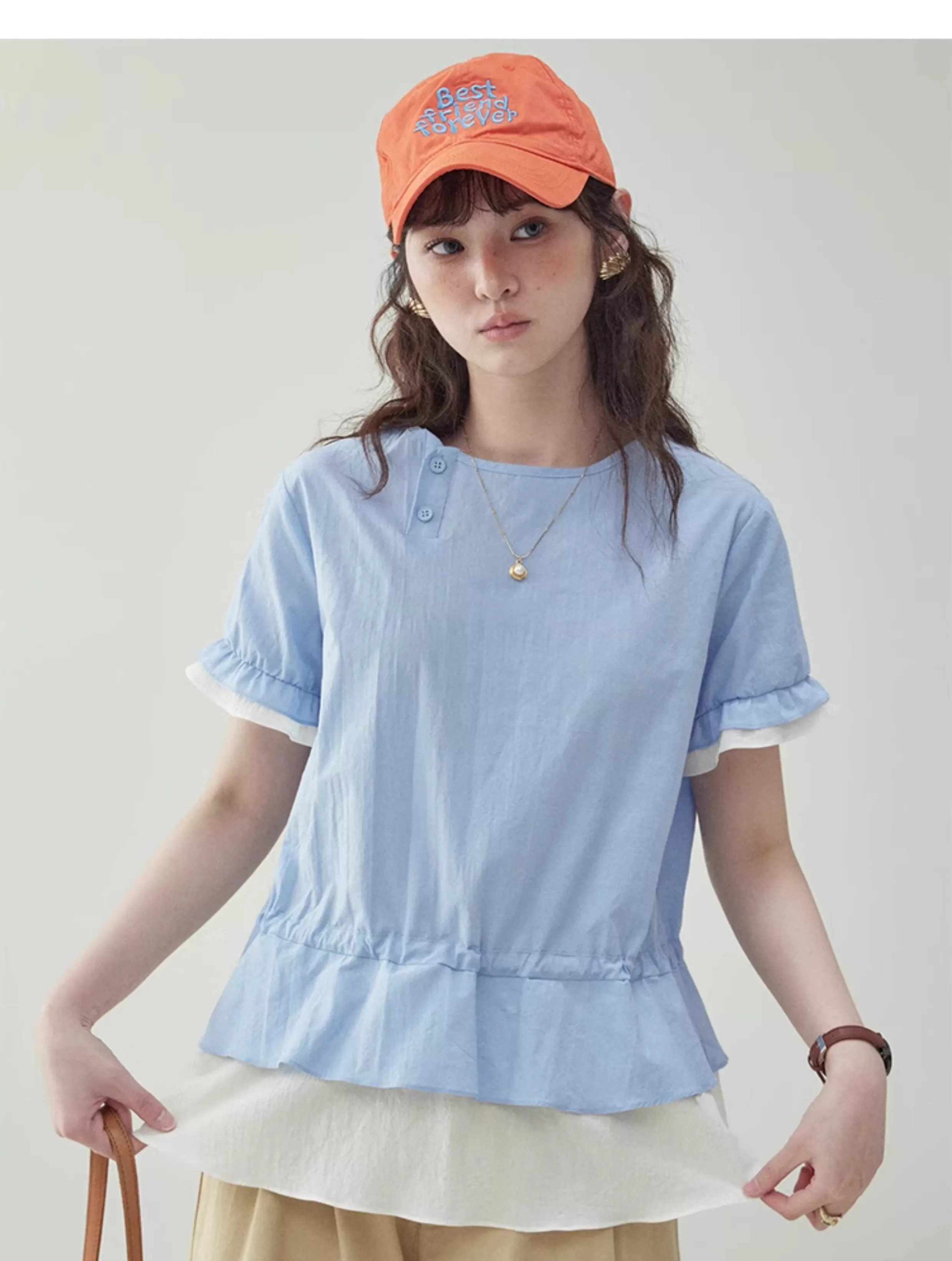 撞色拼接假兩件純棉襯衫女夏季新款寬鬆抽繩上衣