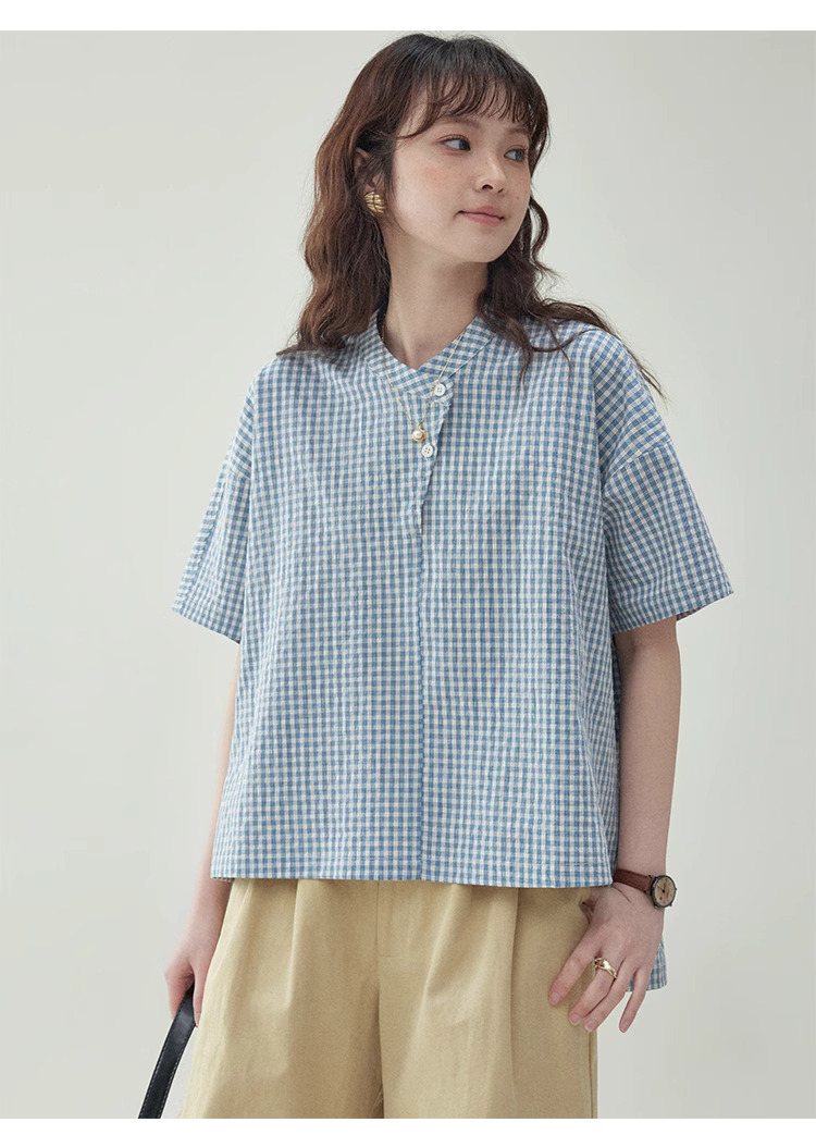 藍格紋不規則蝙蝠袖襯衫女夏季新款寬鬆套頭上衣