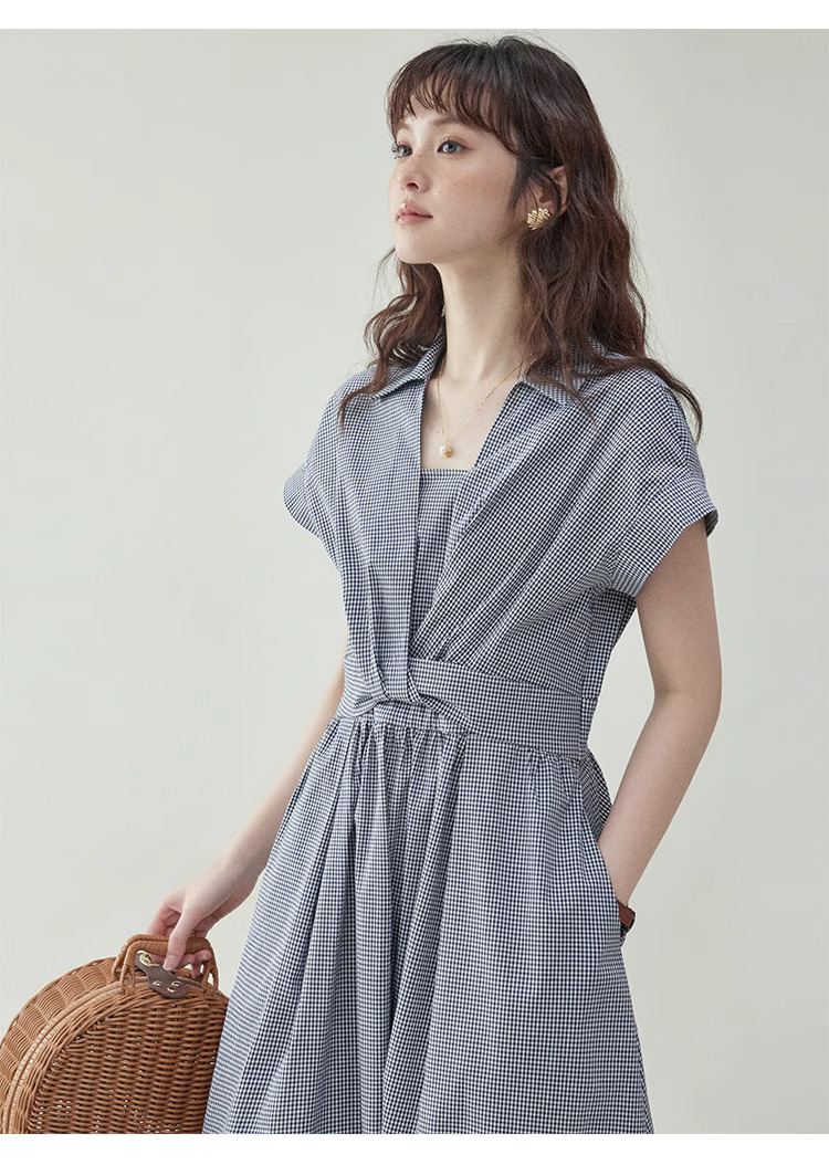 黑白格紋扭結短袖連身裙女夏季新款收腰a字中裙