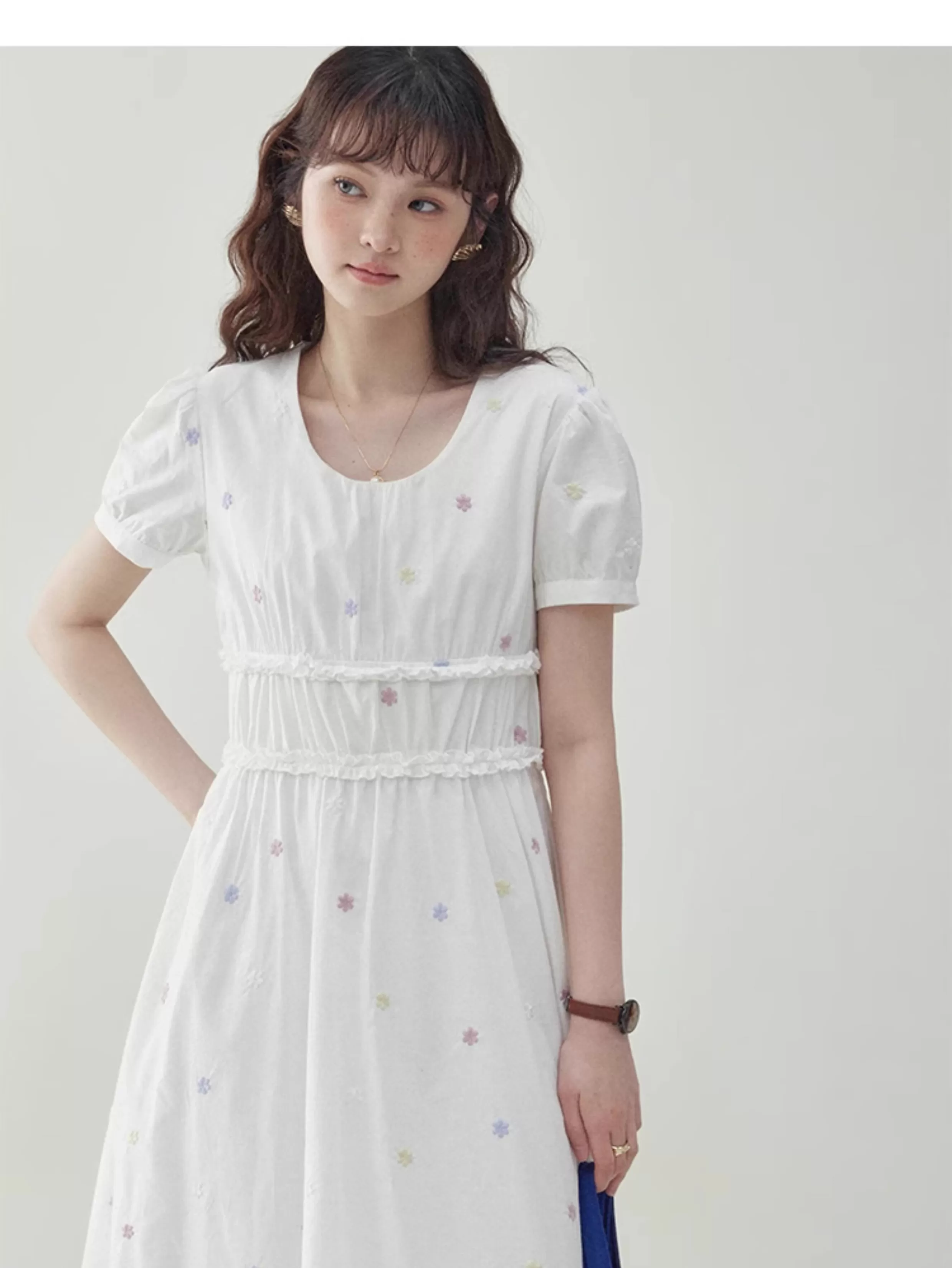 白色花邊純棉碎花洋裝女夏季新款收腰a字中裙