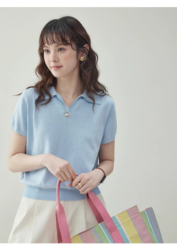 藍色翻v領短針織衫t卹女夏季新款提花短袖上衣