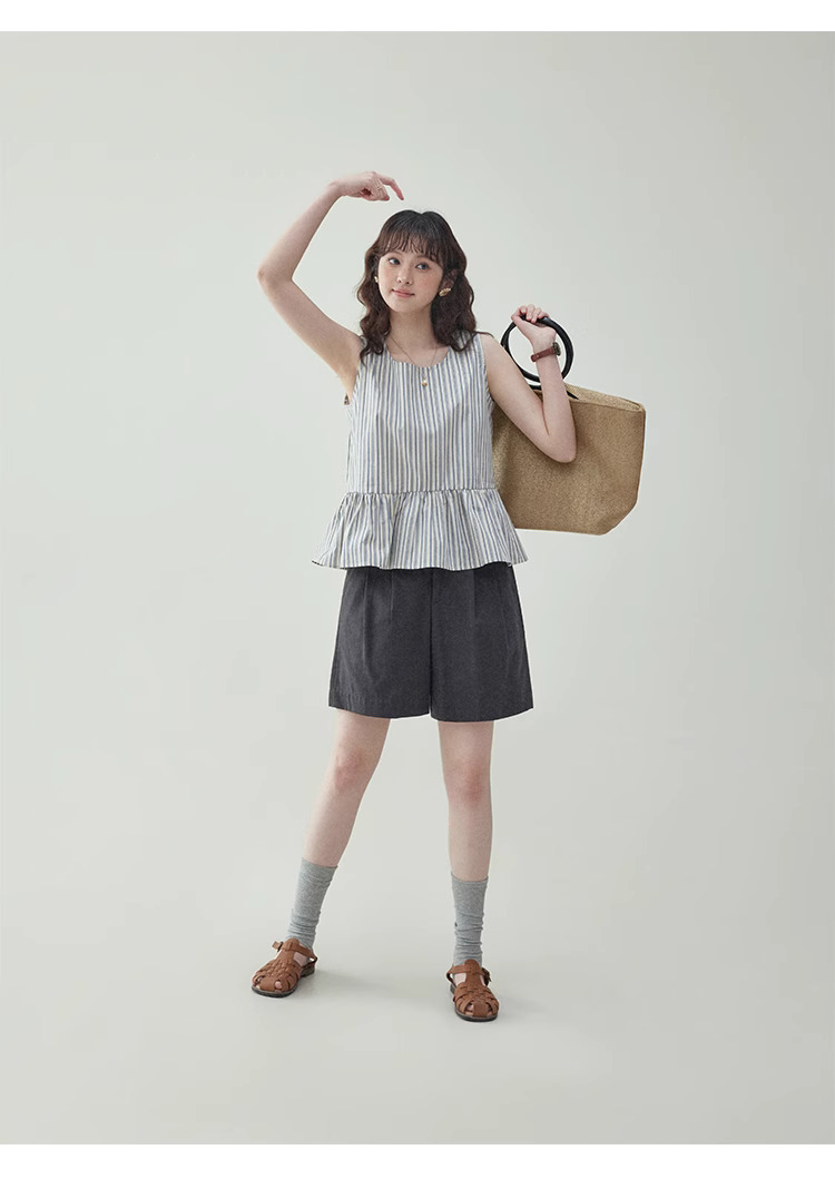 豎條紋無袖純棉娃娃襯衫女夏季新款寬鬆背心上衣