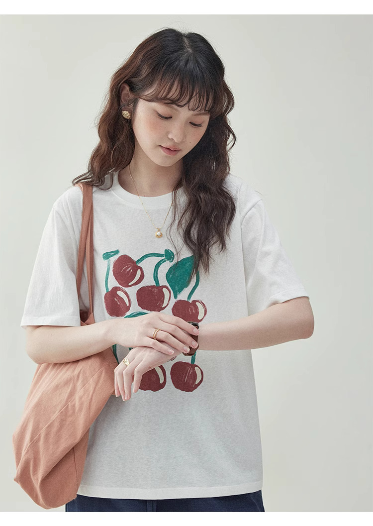 拼色櫻桃印花純棉短袖t卹女夏新款寬鬆百搭上衣