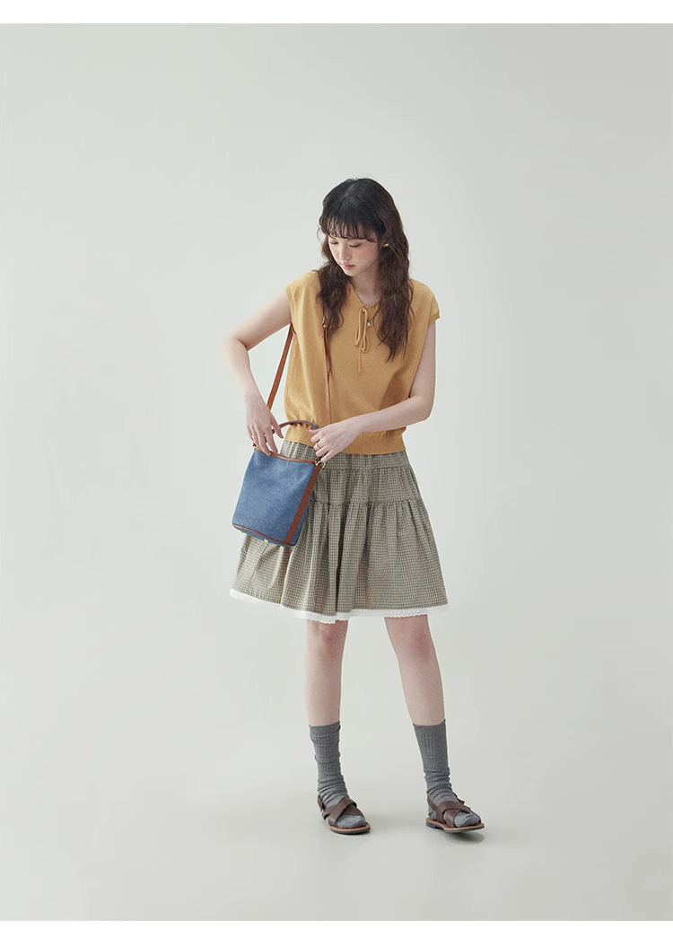 黃色綁帶v領無袖針織衫女夏季新款寬鬆短上衣