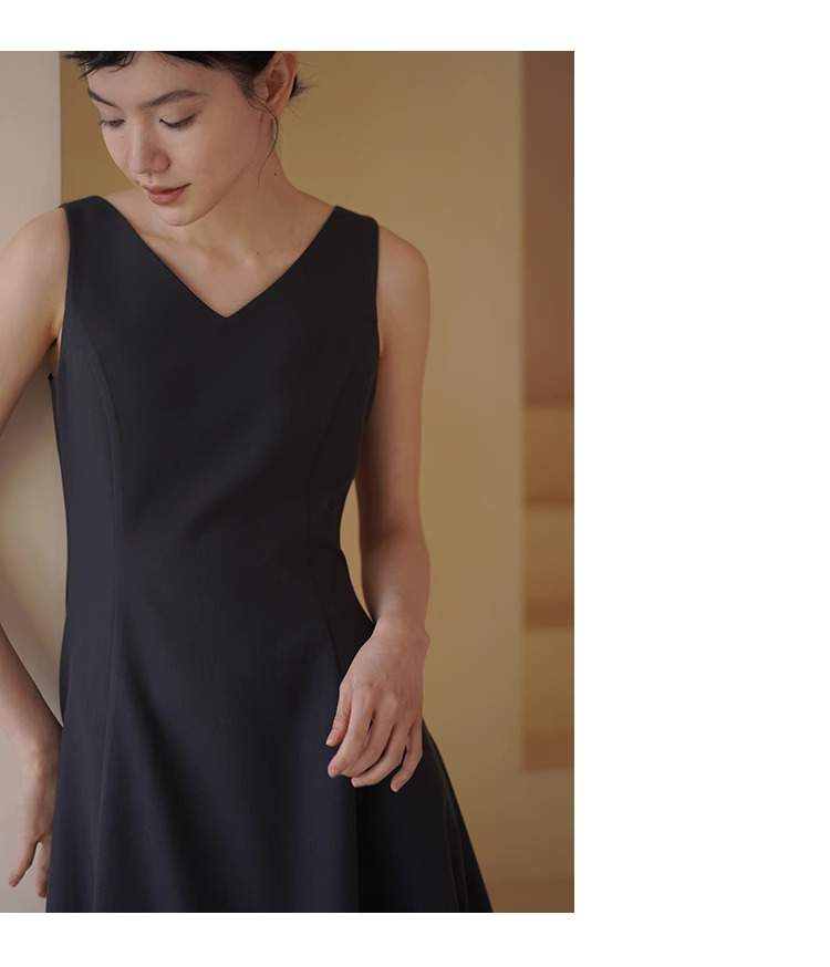 搖曳漫步優雅洋裝無袖V領收腰立裁遮肉大裙擺通勤裙子