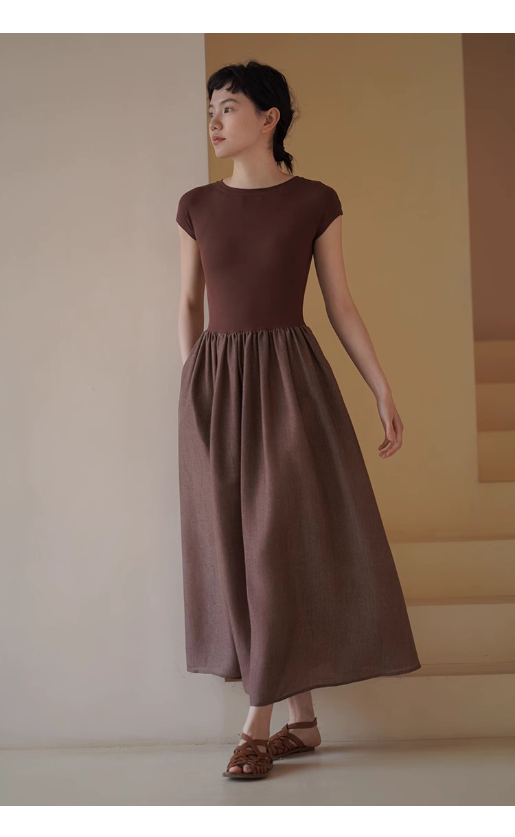 顯白特調赭紅彈性針織拼接大裙擺合身顯瘦梨形洋裝女