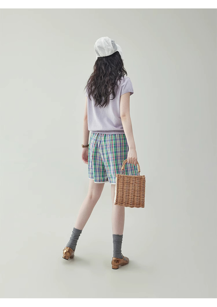 溫柔紫色娃娃v領針織衫女夏季新款短袖扣上衣