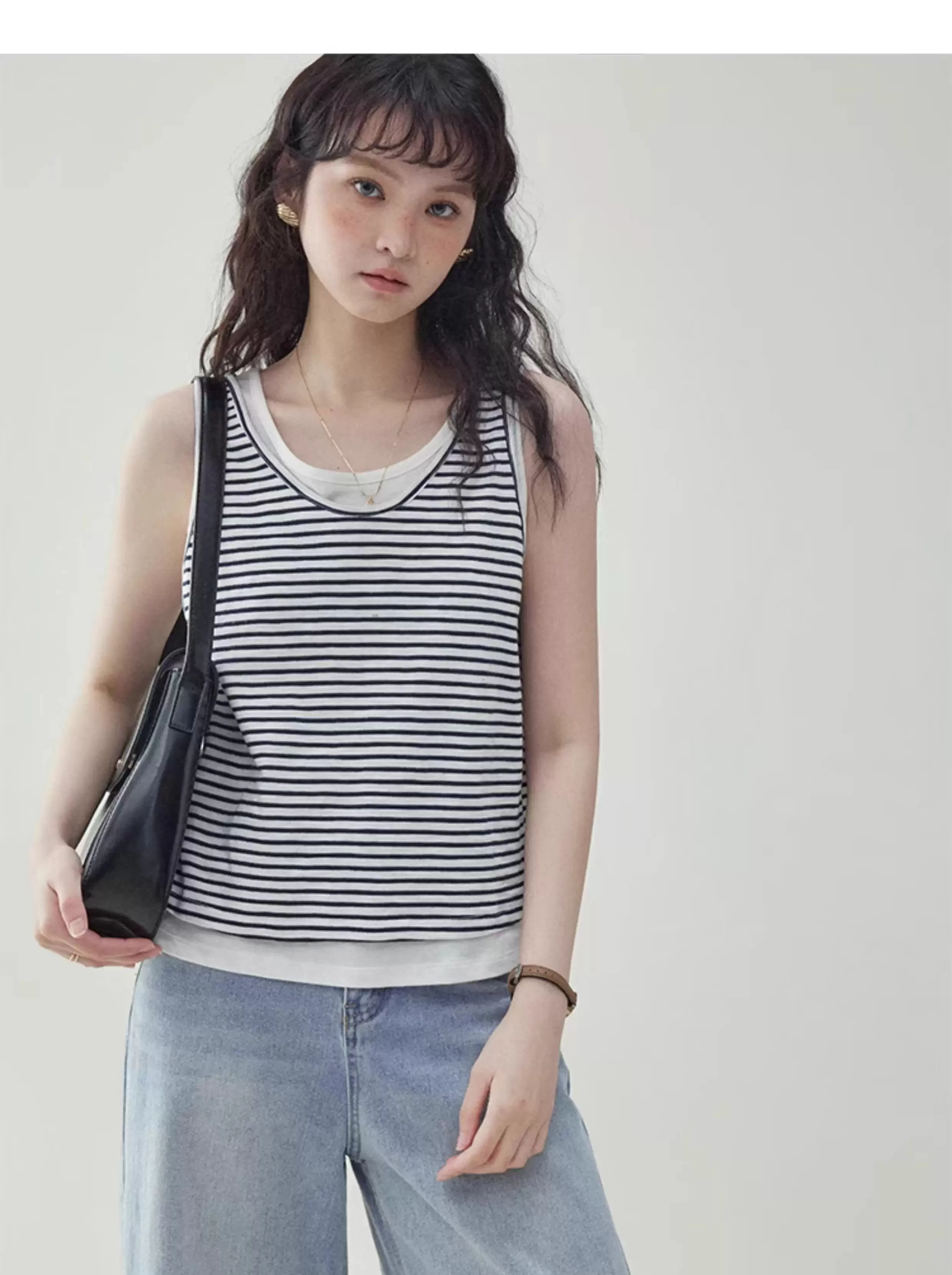 假兩件條紋無袖純棉T恤女夏季新款清涼背心上衣