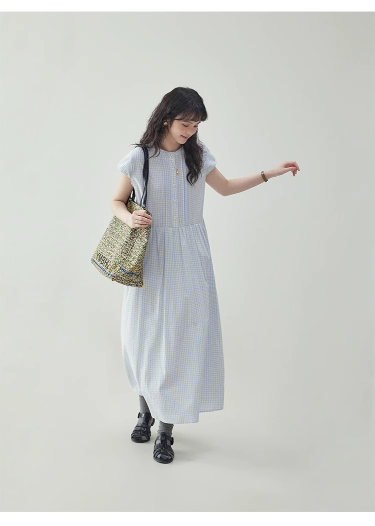 藍格紋花苞袖純棉洋裝女夏季新款寬鬆減齡長裙