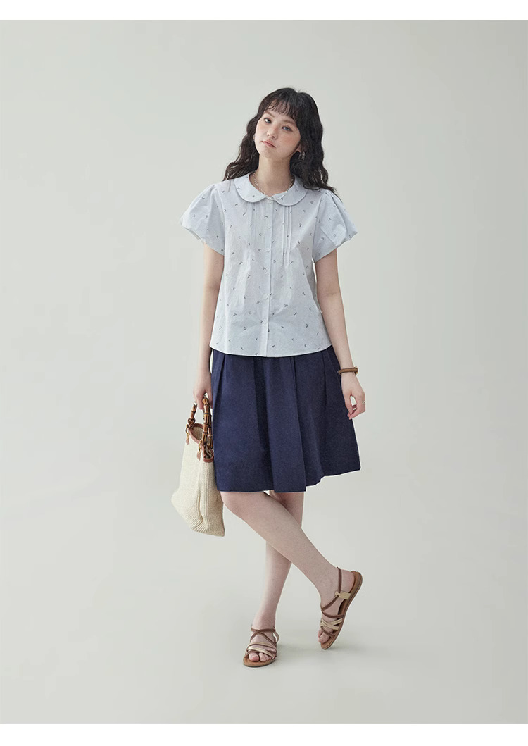 甜美泡泡袖純棉小花襯衫女夏季娃娃領單排扣上衣