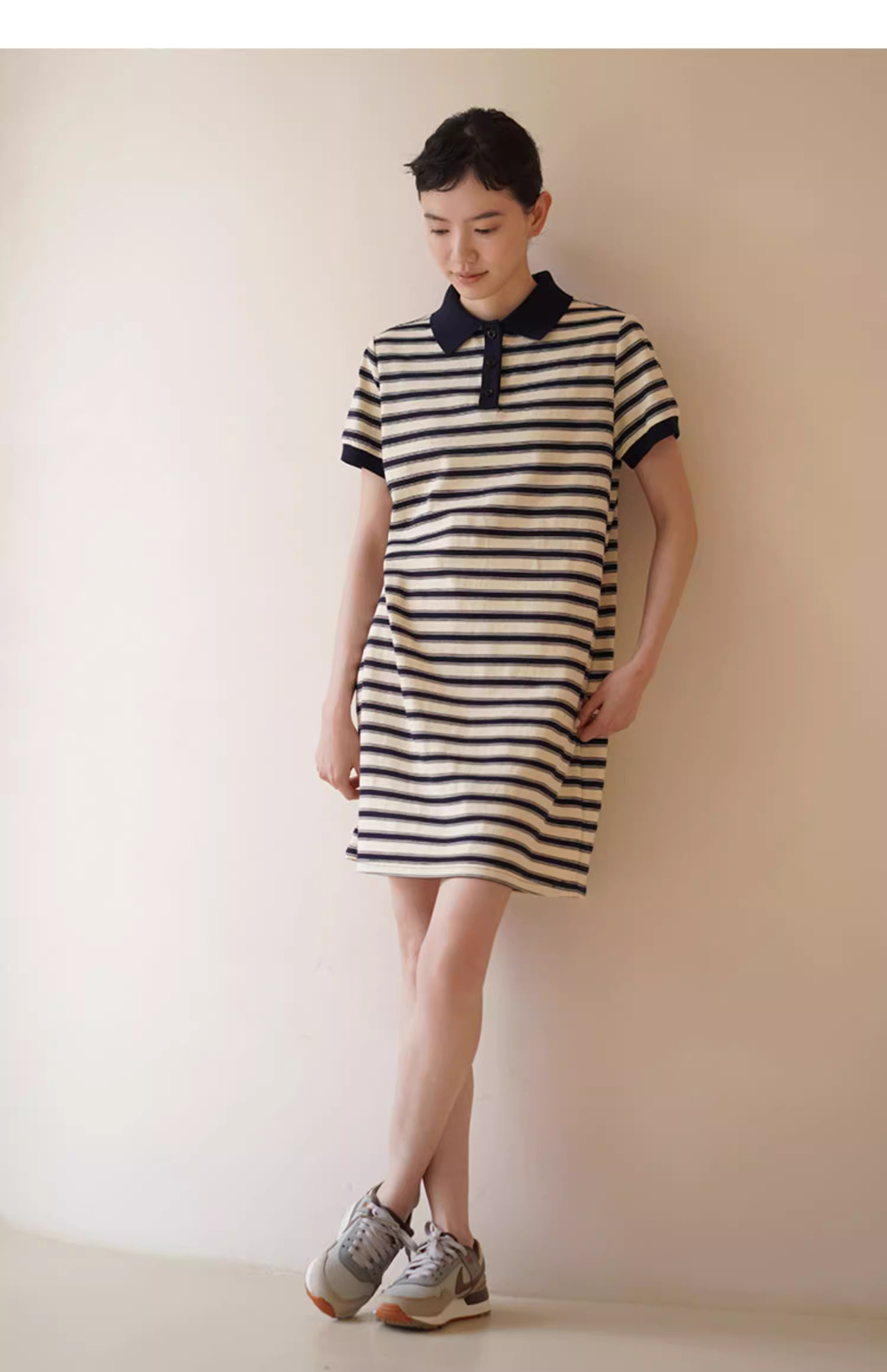 美式條紋日洋裝24支雙紗平紋棉混紡顯瘦撞色Polo裙女