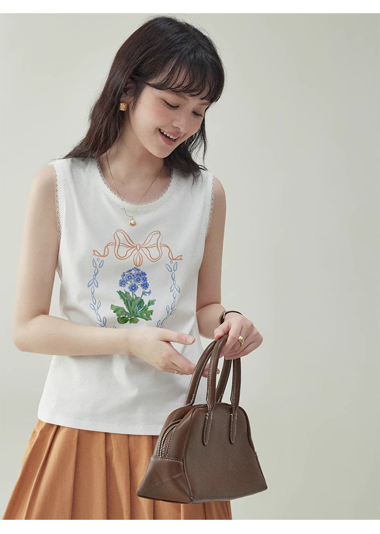 韓系花朵印花背心T恤女25夏季新款蕾絲無袖上衣