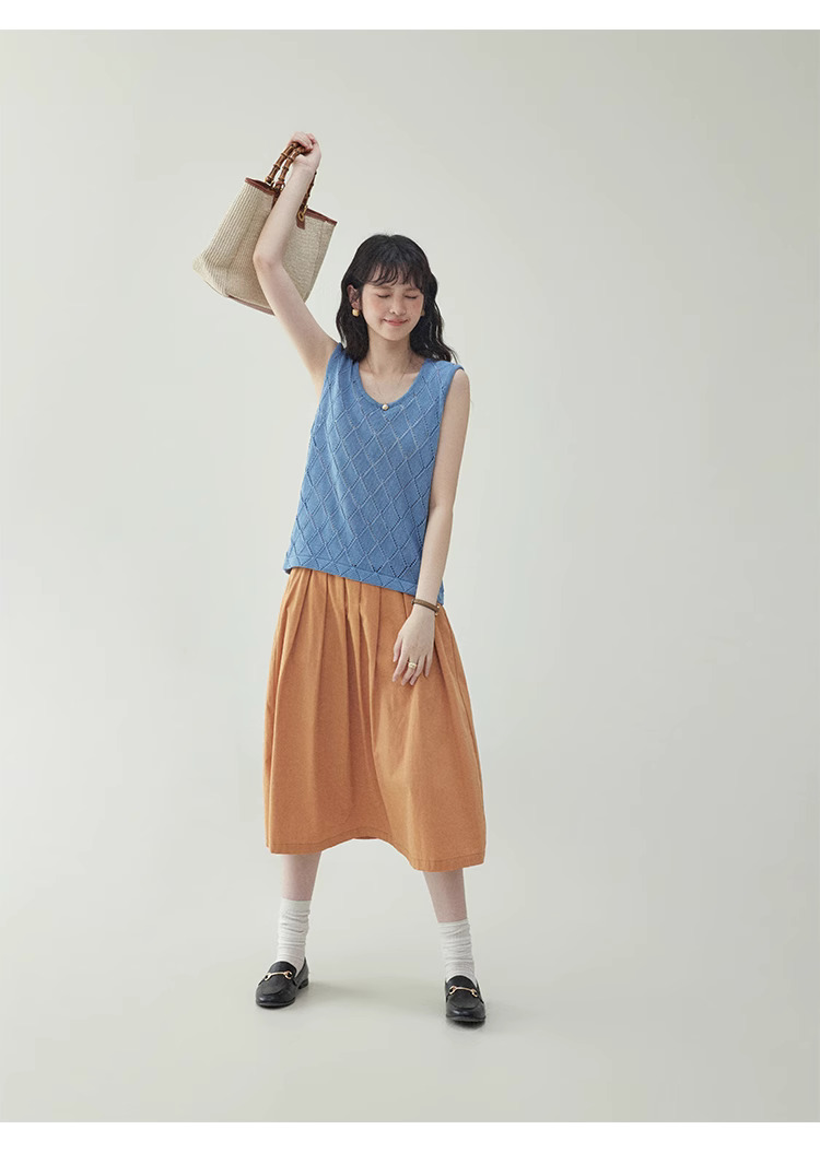 藍色菱格鏤空背心針織衫女夏季新款寬鬆無袖上衣