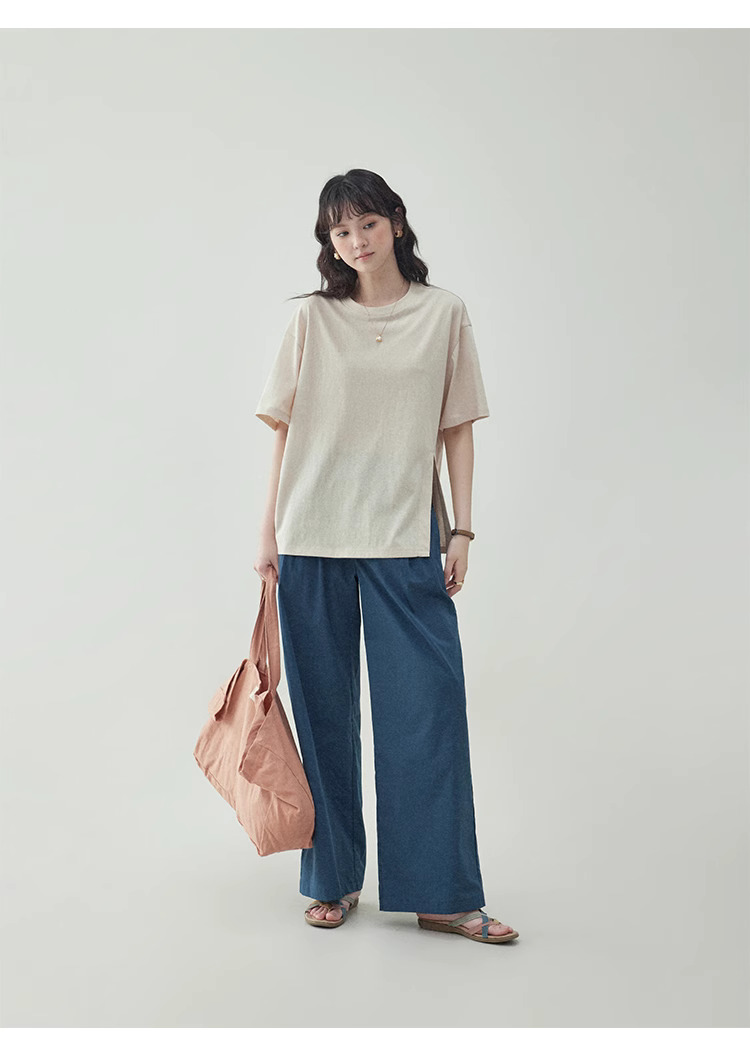 復古純色開叉短袖T恤女夏季新款設計感寬鬆上衣