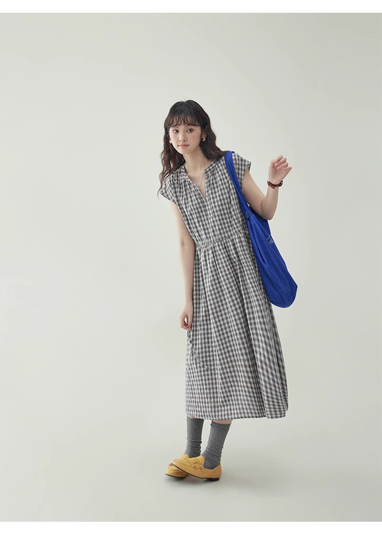 黑格抽繩v領純棉洋裝女夏季新款a字短袖中長裙