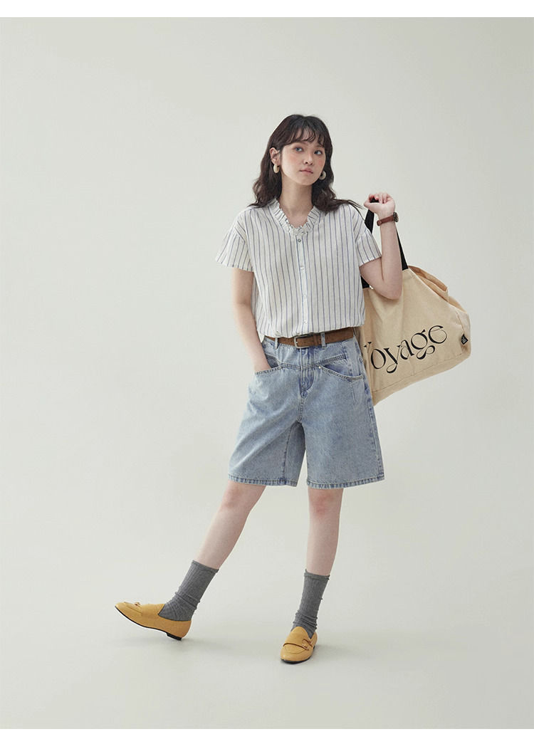 清爽豎紋花邊領短袖襯衫女夏季新款純棉寬鬆上衣