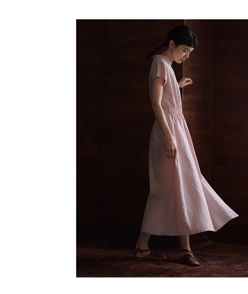 冰透粉晶洋裝寬鬆收腰短袖長撞色釦子立領襯衫裙子