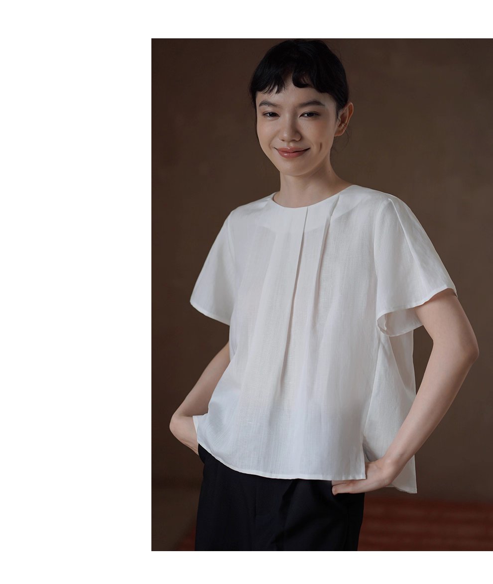 清香白檸檬上衣壓褶圓領A字顯瘦萊賽爾亞麻透氣通勤襯衫