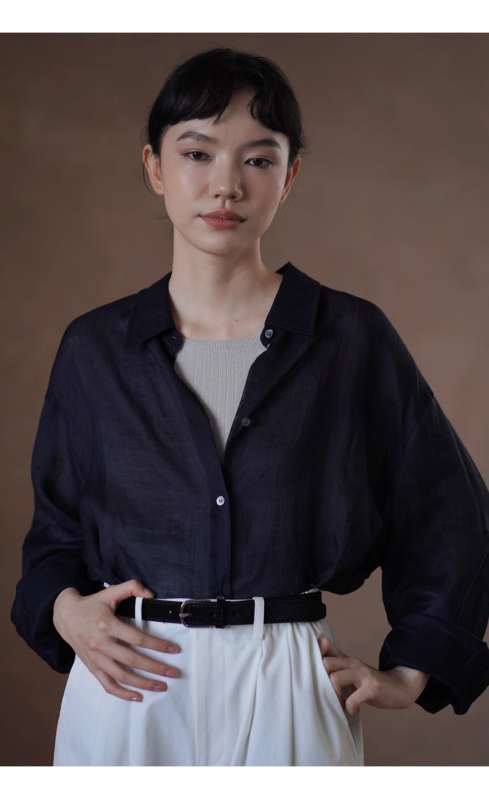 清透微風天然100苧麻襯衫寬鬆顯瘦通勤廓形落肩長袖上衣