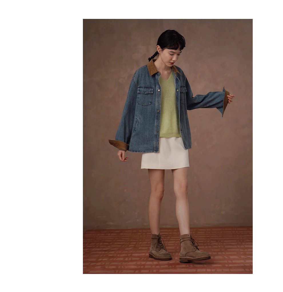 復古風潮做舊水洗燈芯絨拼接翻領牛仔襯衫寬鬆顯瘦外套