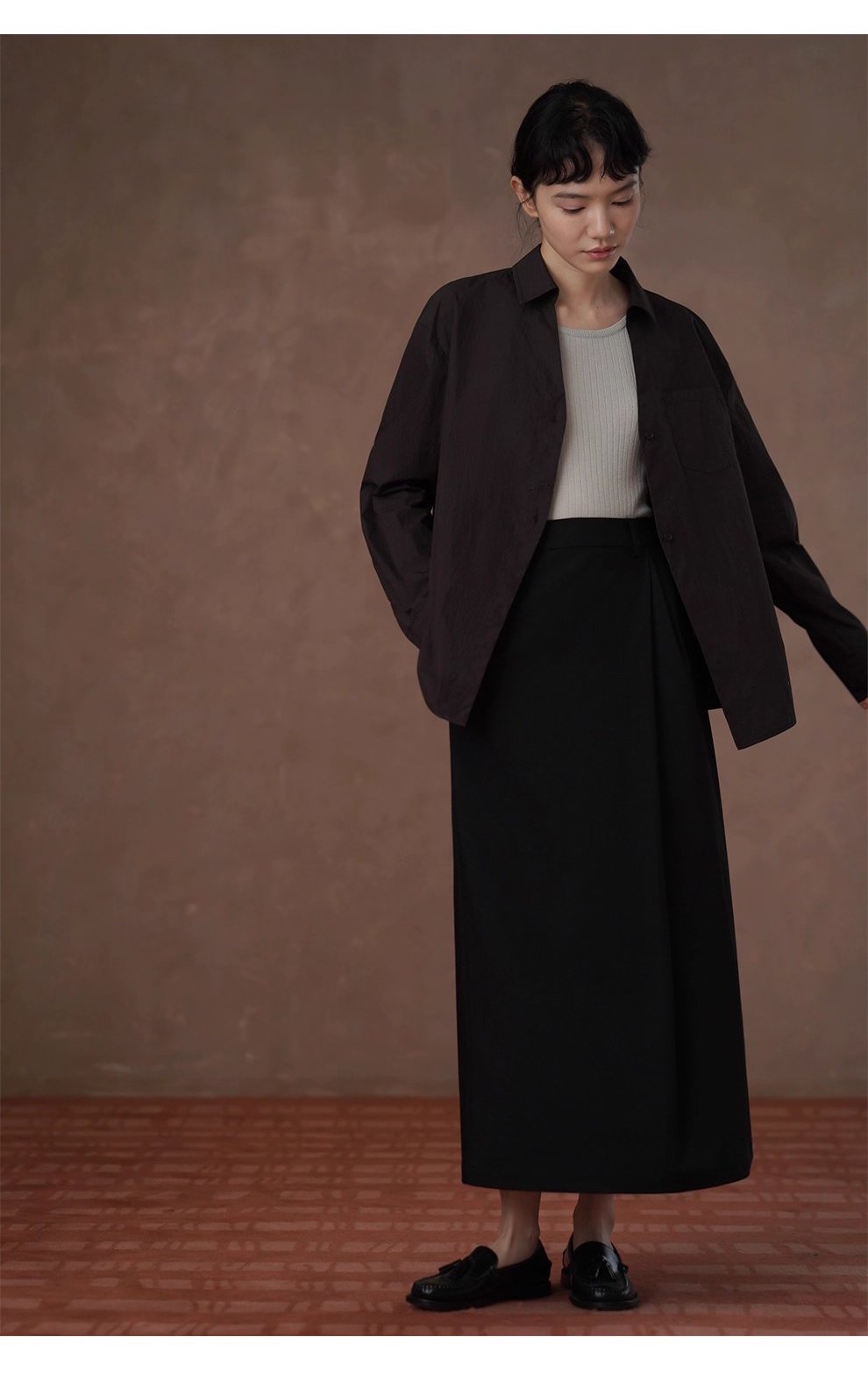 知識分子高智感襯衫濃鬱古巴咖寬鬆顯瘦V領廓形通勤上衣