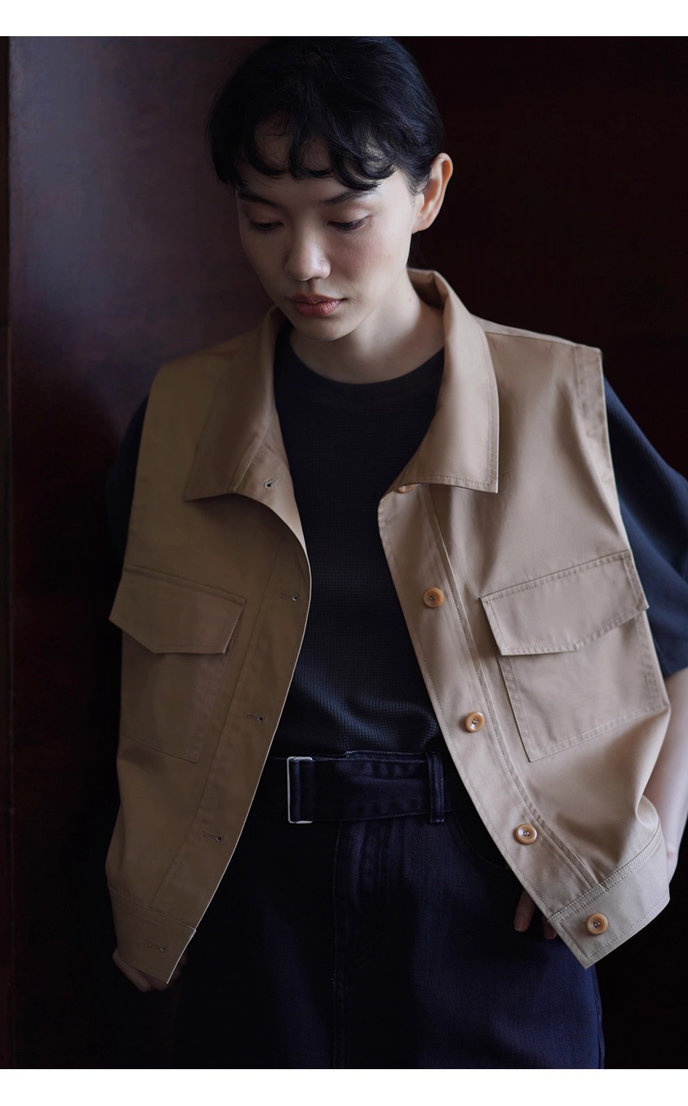 楓葉長椅馬甲顯瘦挺括親膚萊賽爾棉立領工裝疊穿外套女