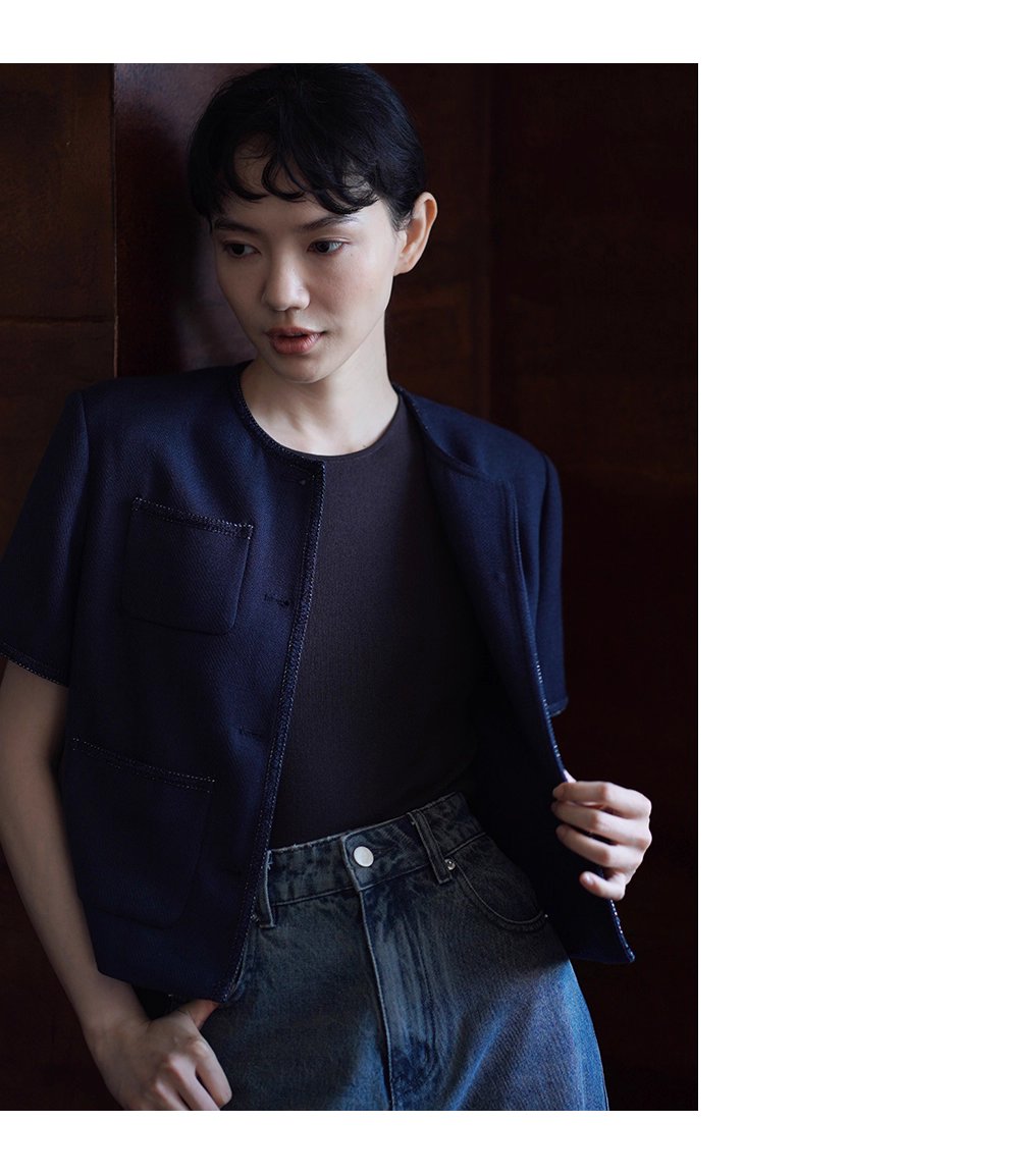 法式花邊拼接肌理感短袖小香氣質圓領通勤顯瘦短外套