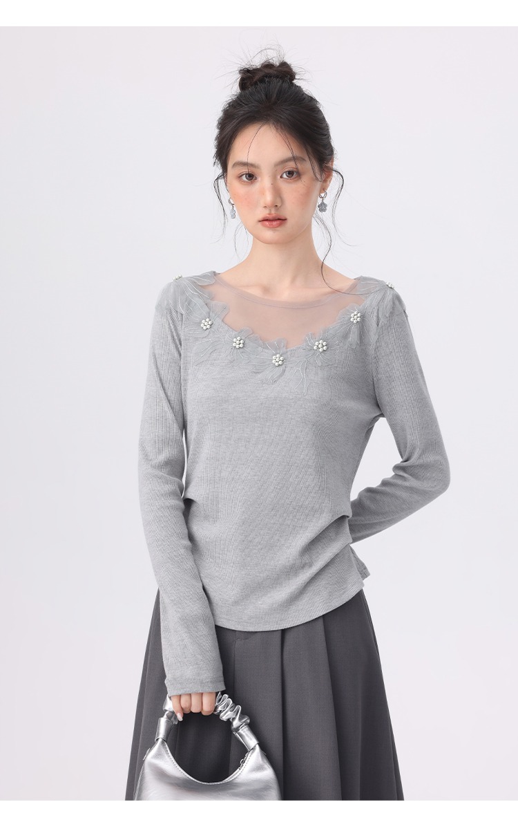 大尺碼女裝正肩長袖t恤穿搭微胖蕾絲花朵上衣