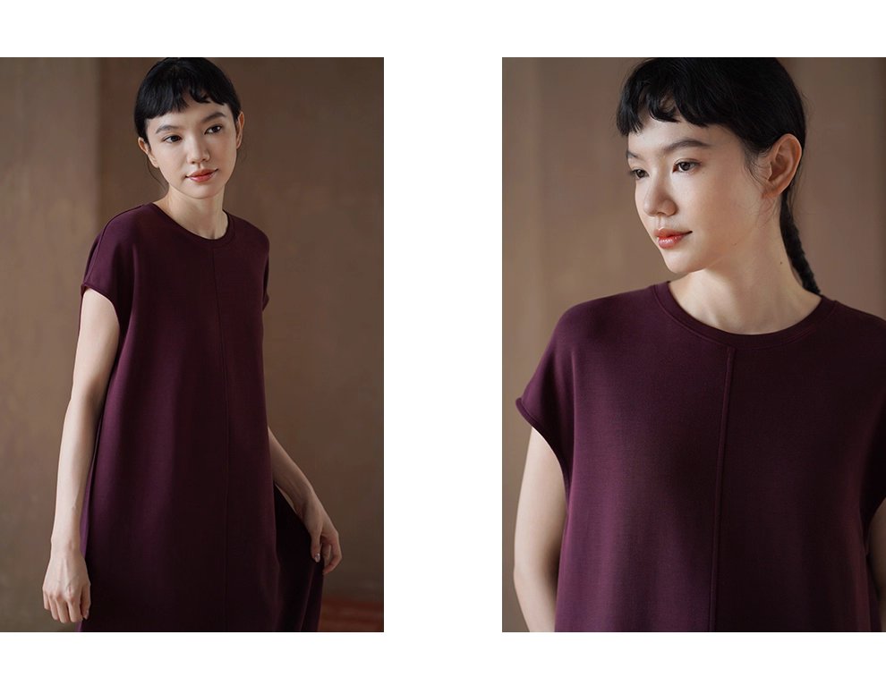 桑葚莊園超正顯白軟糯空氣感圓領直筒顯瘦寬鬆長洋裝