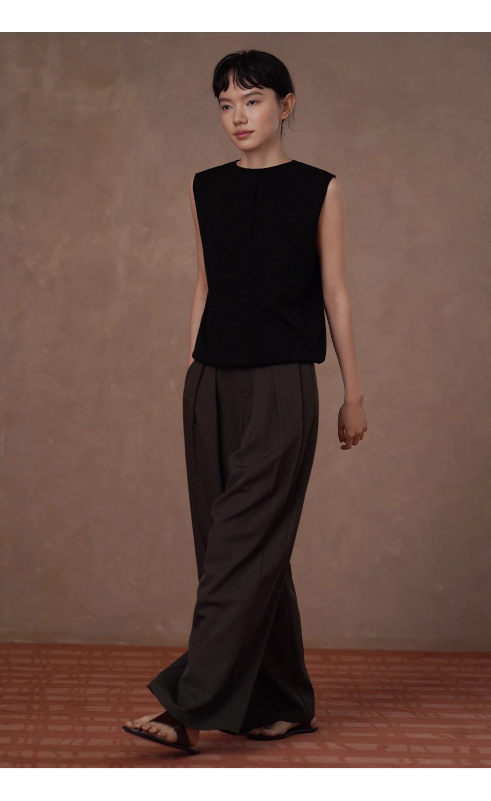 高品質色紡西裝布料可調式腰帶寬鬆垂順顯瘦闊腿長褲女