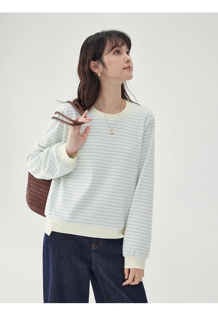 條紋不規則下擺衛衣T恤女秋季新款圓領長袖上衣
