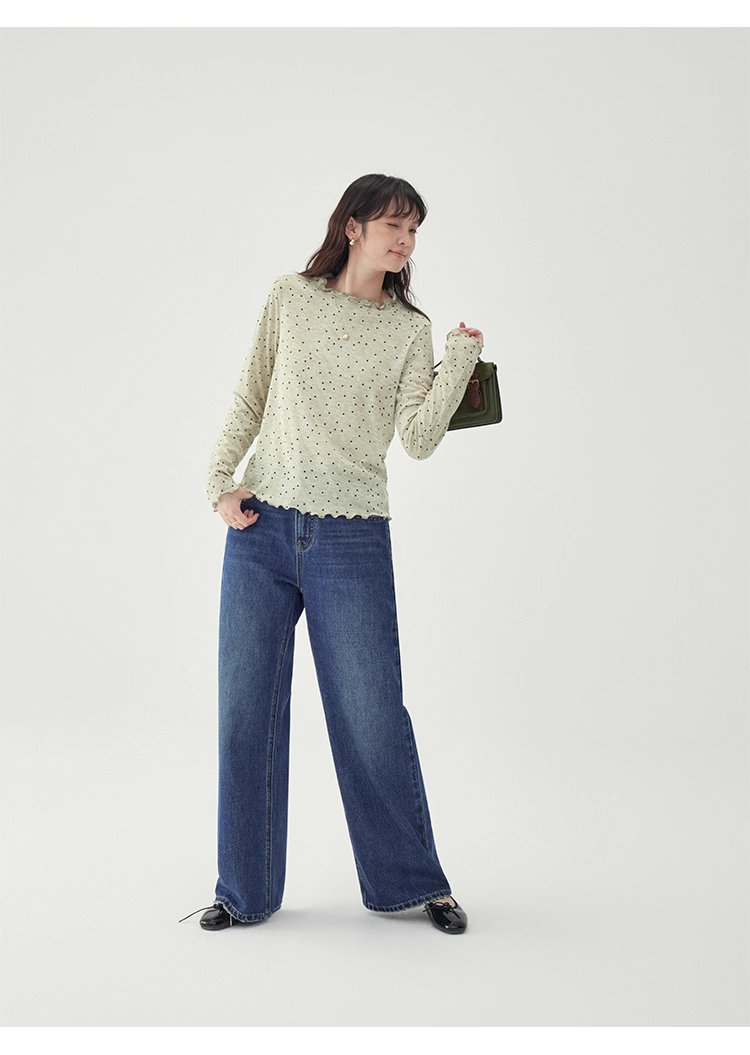 韓系密邊領波點長袖T恤女秋季新款內搭寬鬆上衣