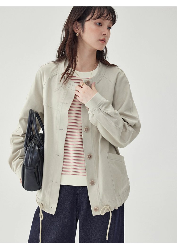 純色單排扣抽繩下擺外套女秋季新款圓領長袖上衣