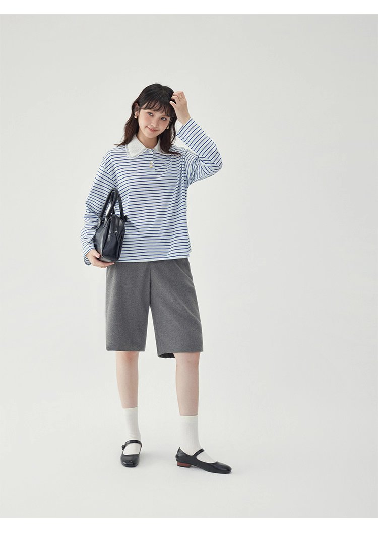 拼接翻領藍條紋長袖T恤女秋季新款寬鬆純棉上衣