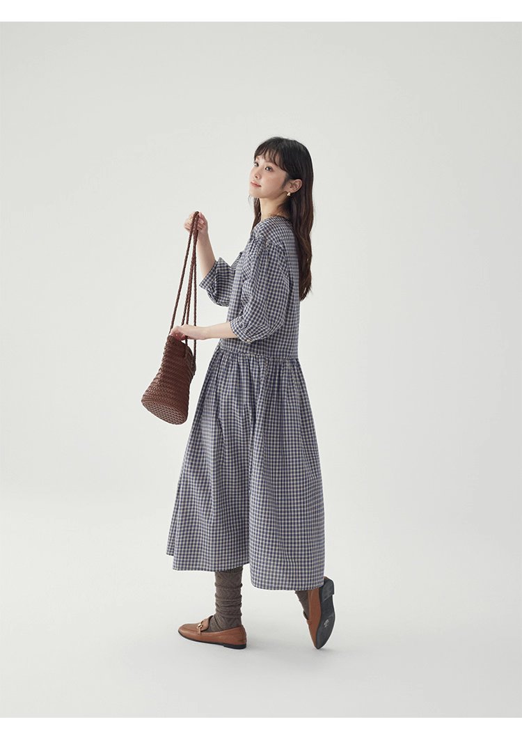 日系格紋燈籠袖洋裝女秋季新款寬鬆純棉a字裙