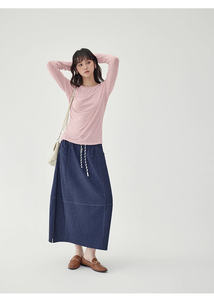 藍色鬆緊腰a字半身裙女秋季新款百搭抽繩中長裙