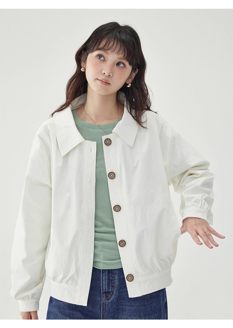 白色單排扣polo領長袖外套女25秋季新款寬鬆上衣