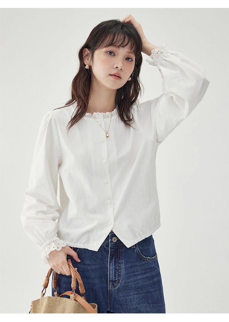 花邊長袖後貼花片白襯衫女秋季新款甜美純棉上衣