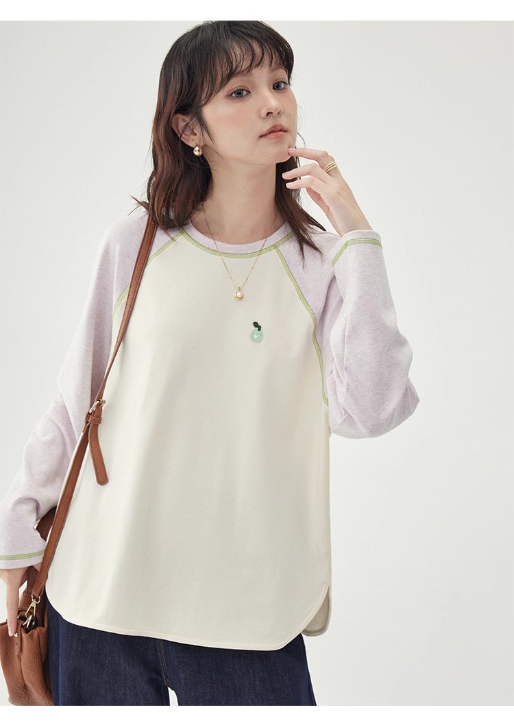 撞色插肩長袖側開叉T恤女秋季新款減齡刺繡上衣