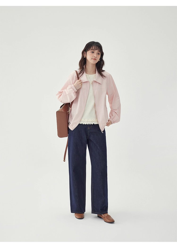 少女感粉紅拉鍊長袖外套女秋季新款翻領短版上衣