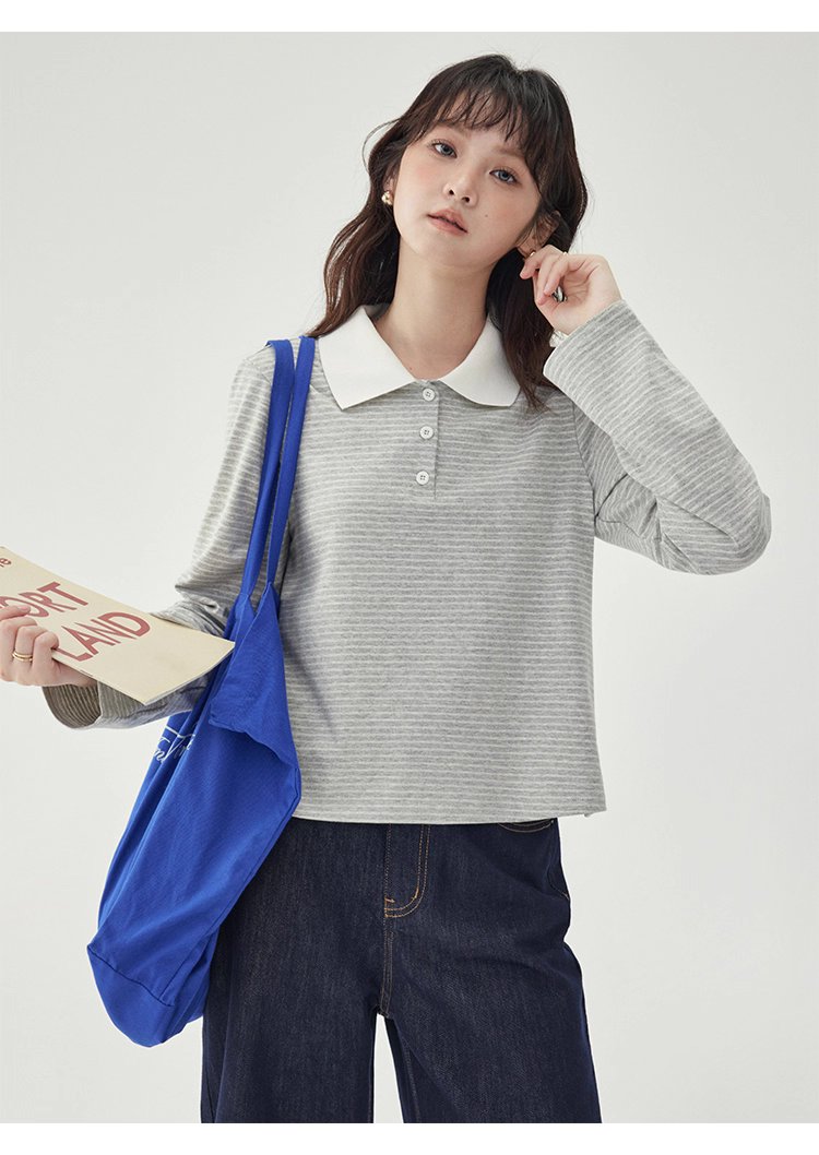 灰色條紋polo半開領t卹女秋季新款寬鬆長袖上衣