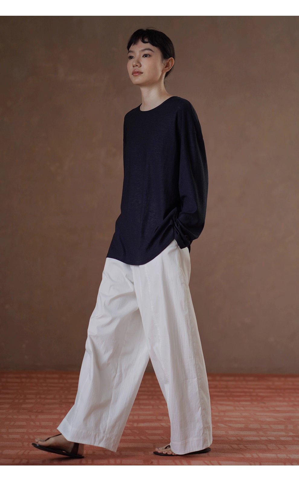 高品質桑蠶絲棉亞麻混紡竹節麻肌理感寬鬆顯瘦長袖T恤女