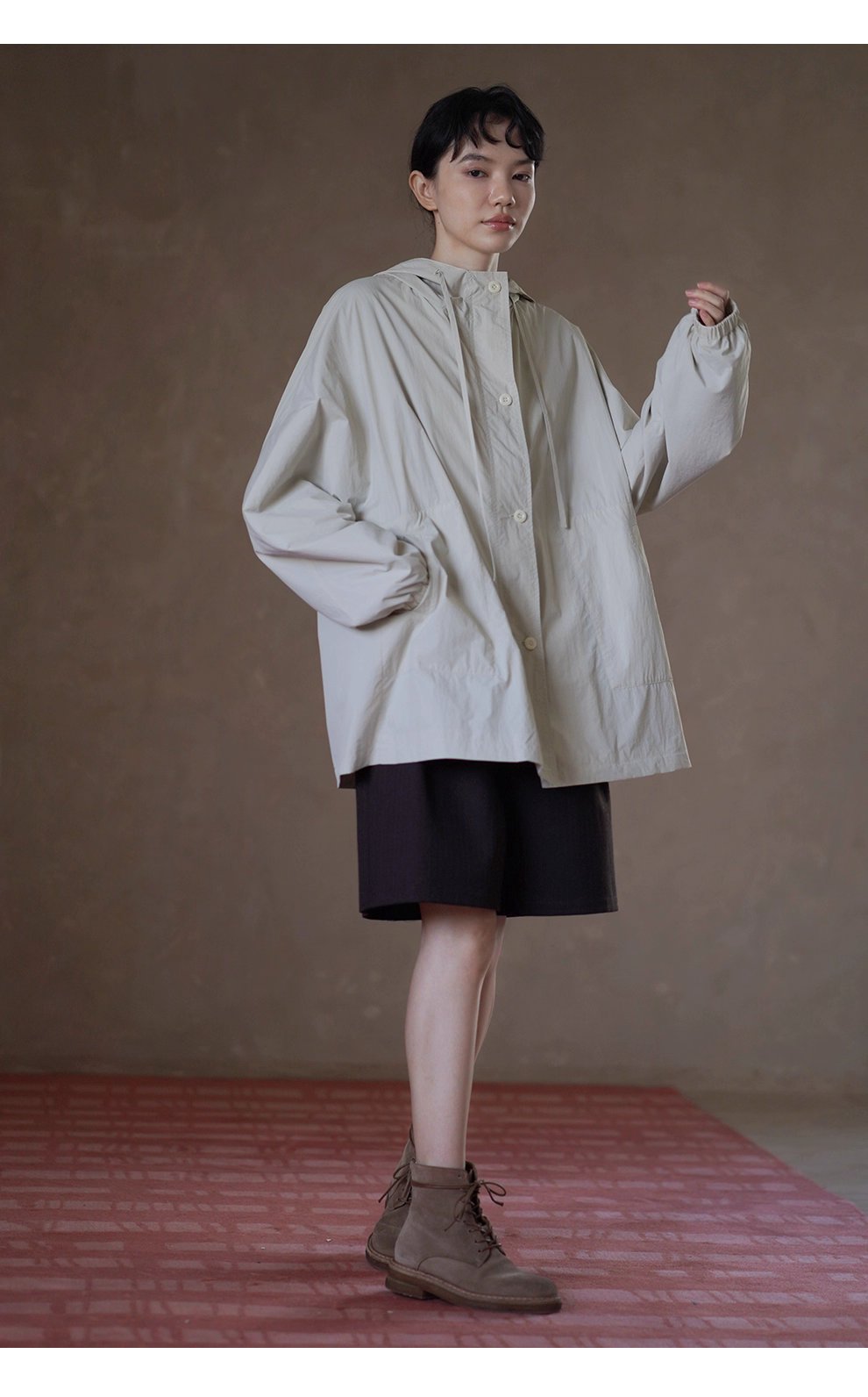 輕盈挺括山系少女外套寬鬆顯瘦連帽中長款輕戶外風衣女