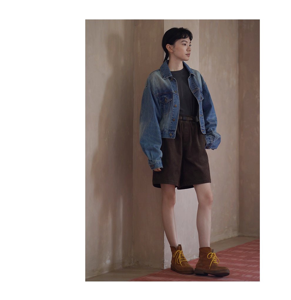 重回80年復古磨白柔軟水洗高克重長絨棉寬鬆牛仔外套女