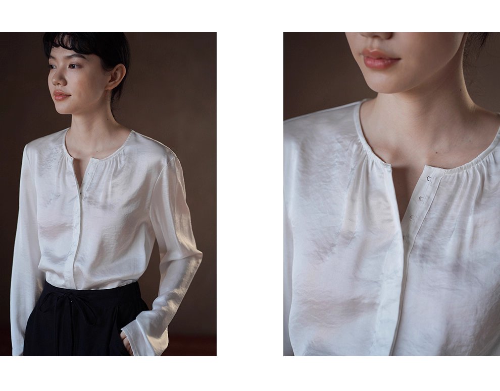 貴氣緞面質感光澤圓領褶皺寬鬆顯瘦通勤襯衫長袖上衣女
