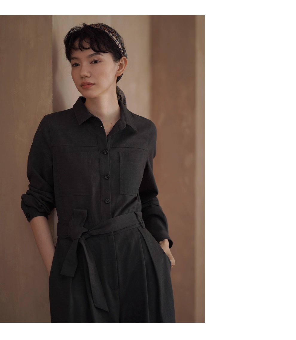 酷颯都市工裝寬鬆襯衫領闊腿顯瘦萊賽爾棉通勤連身褲